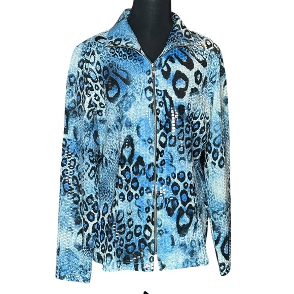 Exclusively Misook Jackets & Blazers - Exclusively Misook Blue Leopard Animal Print Zip Jacket Textured Squares Small